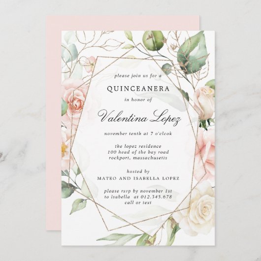 赤面エレガントピンクローズフローラキンセアニェラ 招待状 (正面/裏面)