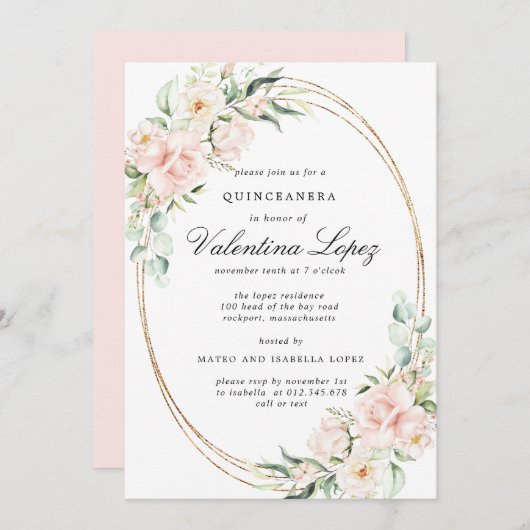 赤面エレガントピンクローズフローラキンセアニェラ 招待状 (正面/裏面)