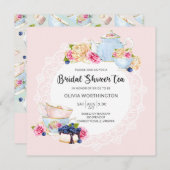 赤面エレガントピンクローズフローラブライダルシャワーティー 招待状 (正面/裏面)