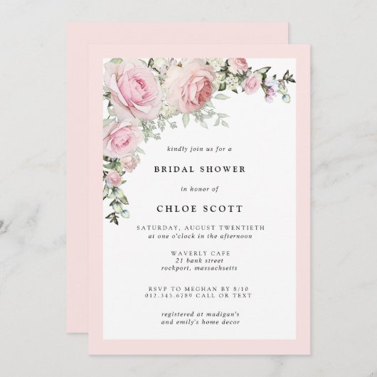 赤面エレガントピンクローズフローラベビーシャワー 招待状 (正面/裏面)