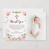 赤面エレガントピンクローズフローラ洗礼写真 サンキューカード (正面)