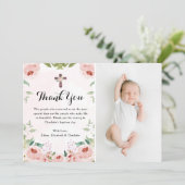赤面エレガントピンクローズフローラ洗礼写真 サンキューカード (スタンド正面)