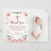 赤面エレガントピンクローズフローラ洗礼写真 サンキューカード (正面)