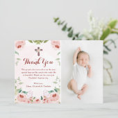 赤面エレガントピンクローズフローラ洗礼写真 サンキューカード (スタンド正面)