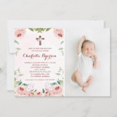 赤面エレガントピンクローズフローラ洗礼写真 招待状 (正面)