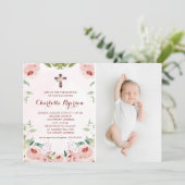 赤面エレガントピンクローズフローラ洗礼写真 招待状 (スタンド正面)