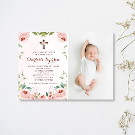 赤面エレガントピンクローズフローラ洗礼写真 招待状
