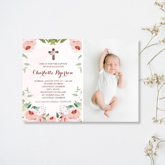 赤面エレガントピンクローズフローラ洗礼写真 招待状