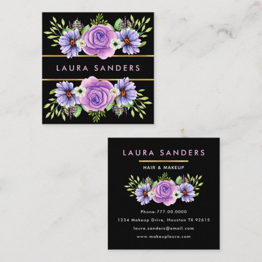 赤面エレガントピンクローズ薄紫フラワーヘア&メイクアップ スクエア名刺 (正面/裏面)