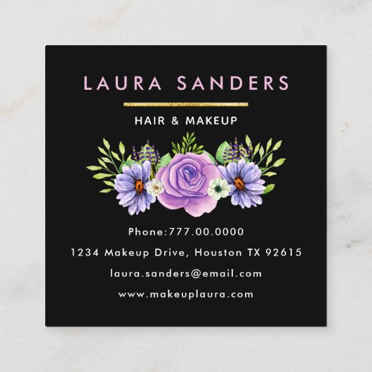 赤面エレガントピンクローズ薄紫フラワーヘア&メイクアップ スクエア名刺 (裏面)