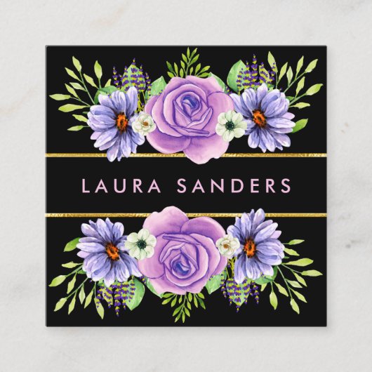 赤面エレガントピンクローズ薄紫フラワーヘア&メイクアップ スクエア名刺 (正面)