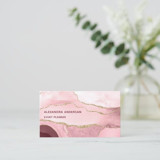 赤面エレガントピンクローズ金ゴールドアガートマーブルグリッター 名刺 (スタンド正面)