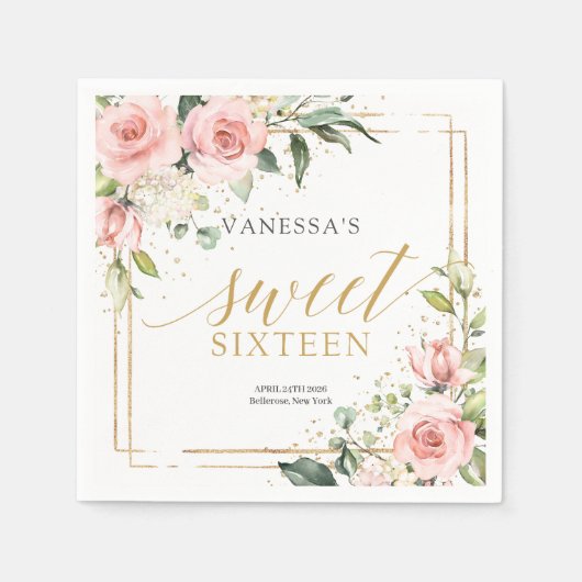 赤面エレガントピンクローズeucalyptus金ゴールドスウィート16 スタンダードカクテルナプキン (正面)