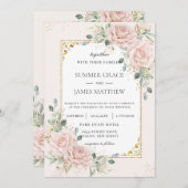 赤面エレガントピンクローゼスフローラグリーナリー結婚ズ 招待状 (正面/裏面)