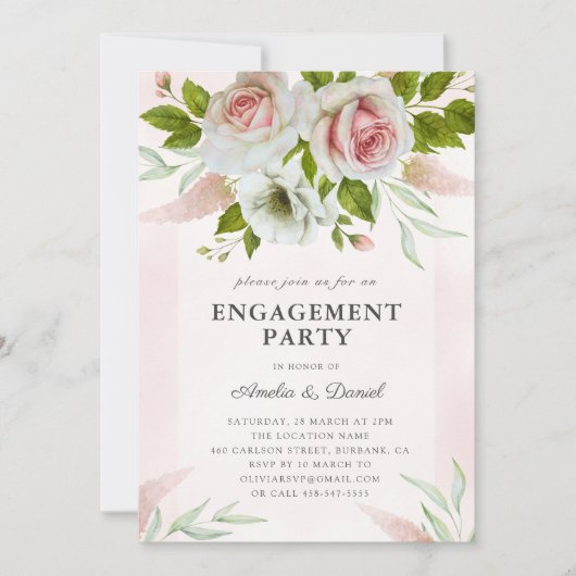 赤面エレガントピンクローゼスフローラ婚約パーティ 招待状 (正面)