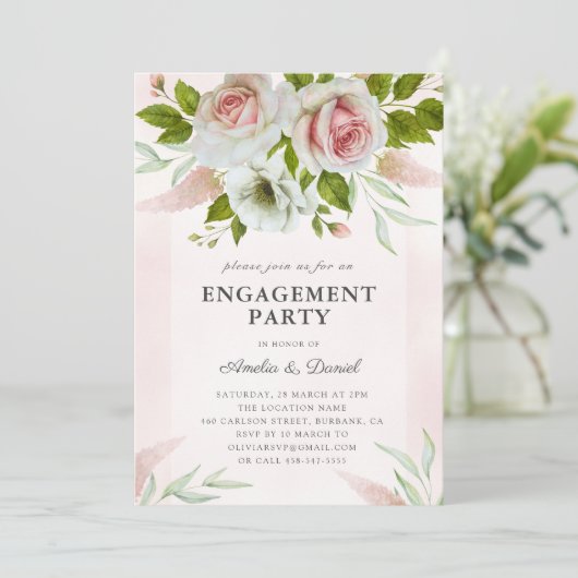 赤面エレガントピンクローゼスフローラ婚約パーティ 招待状 (スタンド正面)