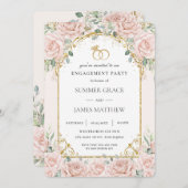 赤面エレガントピンクローゼスフローラ金ゴールド婚約 招待状 (正面/裏面)