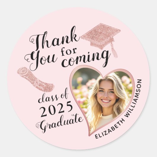 赤面エレガントピンク写真卒業ありがとう ラウンドシール (正面)