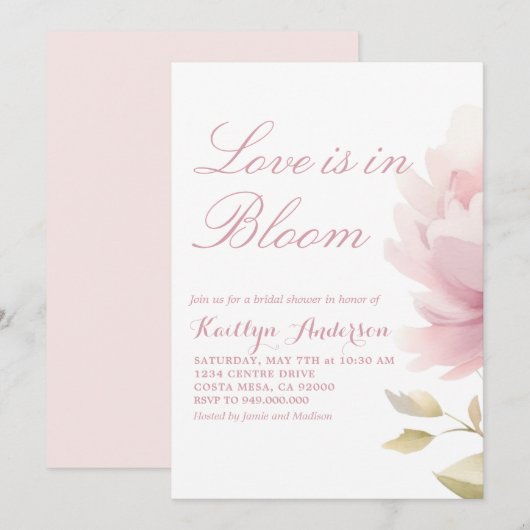 赤面エレガントピンク牡丹ブライダルシャワー 招待状 (正面/裏面)