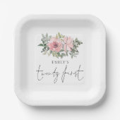 赤面エレガントピンク花模様21歳の誕生日パーティー ペーパープレート (正面)