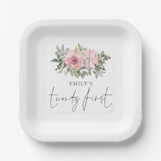 赤面エレガントピンク花模様21歳の誕生日パーティー ペーパープレート (正面)