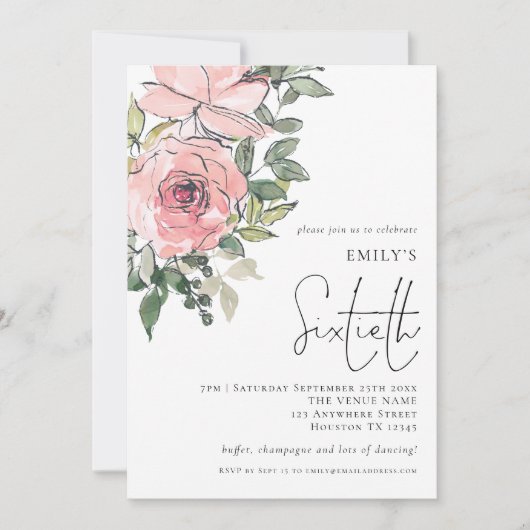 赤面エレガントピンク花模様60歳の誕生日パーティー 招待状 (正面)