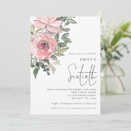 赤面エレガントピンク花模様60歳の誕生日パーティー 招待状 (スタンド正面)