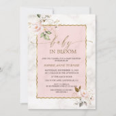 赤面エレガントピンク花金ゴールドベビーイン開花 招待状 (正面)