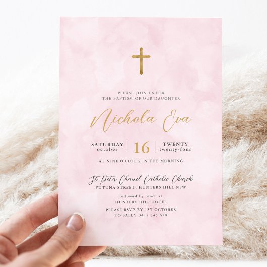 赤面エレガントピンク金ゴールドクロスガールズバプテスマ 招待状