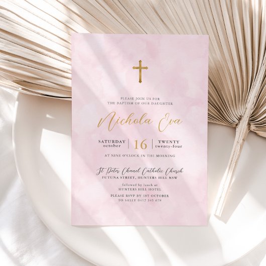赤面エレガントピンク金ゴールドクロスガールズバプテスマ 招待状