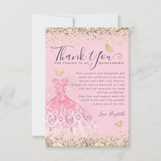 赤面エレガントピンク金ゴールドグリッタードレスキンセアニェラ サンキューカード (正面)
