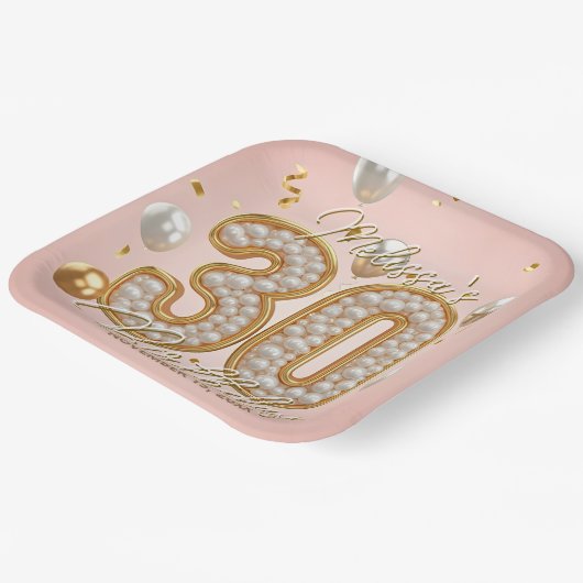 赤面エレガントピンク金ゴールドパールモザイク30th誕生日 ペーパープレート (傾斜あり)