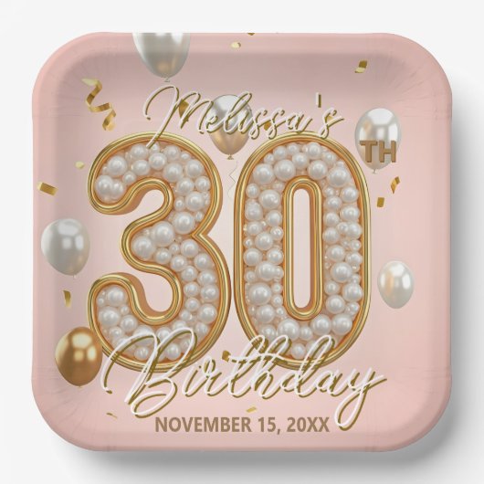 赤面エレガントピンク金ゴールドパールモザイク30th誕生日 ペーパープレート (正面)