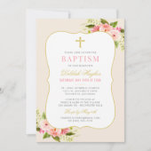 赤面エレガントピンク金ゴールドフローラベビーガールバプテスマ 招待状 (正面)