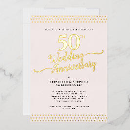赤面エレガントピンク50結婚周年記念金ゴールド 箔招待状