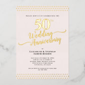 赤面エレガントピンク50結婚周年記念金ゴールド 箔招待状 (正面)