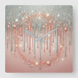 赤面エレガントピンク&シルバーグリッタードリップ スクエア壁時計