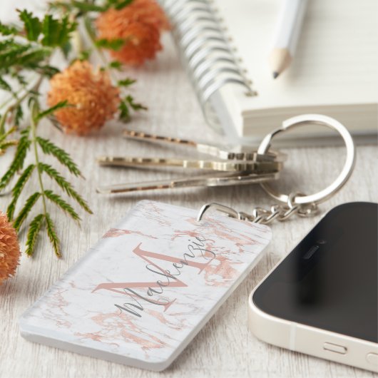 赤面エレガントピンク | バラ金箔モノグラム写真 キーホルダー (正面右)