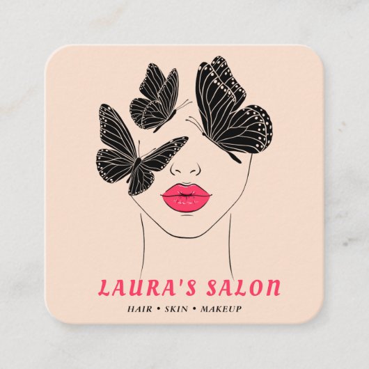 赤面エレガントピンク&ブラックバタフライウィメンズ美しい スクエア名刺 (正面)