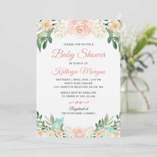 赤面エレガントピーチフローラブロッサムベビーシャワー 招待状 (スタンド正面)