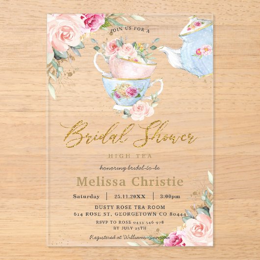赤面エレガントフローラハイティーパーティーブライダルシャワー アクリル招待状 (正面)