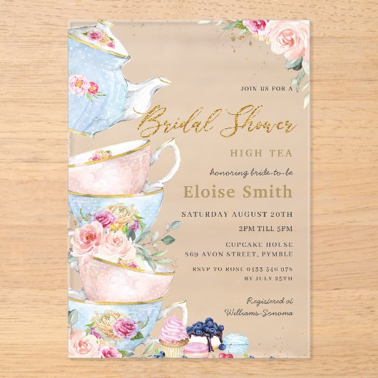 赤面エレガントフローラハイティーパーティーブライダルシャワー アクリル招待状 (正面)