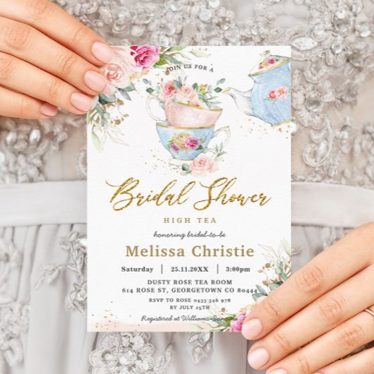 赤面エレガントフローラハイティーパーティーブライダルシャワー 招待状