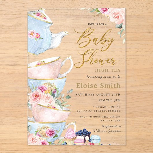 赤面エレガントフローラハイティーパーティーベビーシャワー アクリル招待状 (正面)