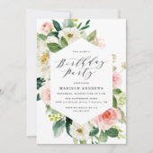 赤面エレガントフローラフレーム誕生日パーティー 招待状 (正面)