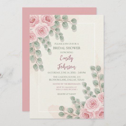 赤面エレガントフローラブライダルシャワー招待カード 招待状 (正面/裏面)