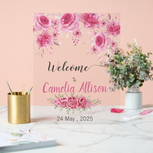 赤面エレガントフローラベビーシャワーウェルカム アクリルサイン (ウェディング)