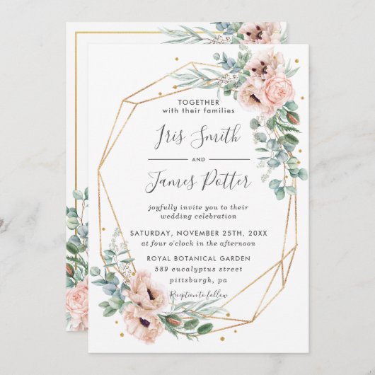 赤面エレガントフローラユーカリ幾何学金ゴールド 招待状 (正面/裏面)