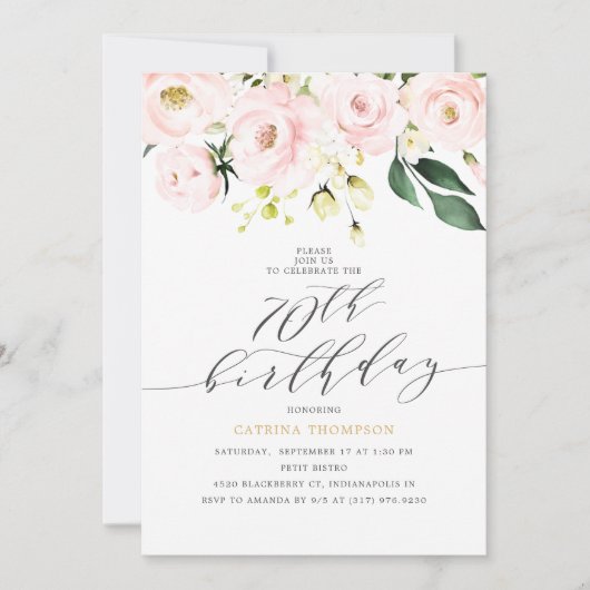 赤面エレガントフローラ及びユーカリ70誕生日 招待状 (正面)