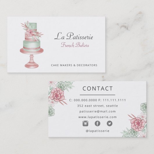 赤面エレガントフローラ結婚ケーキメーカーベーカリー 名刺 (正面/裏面)